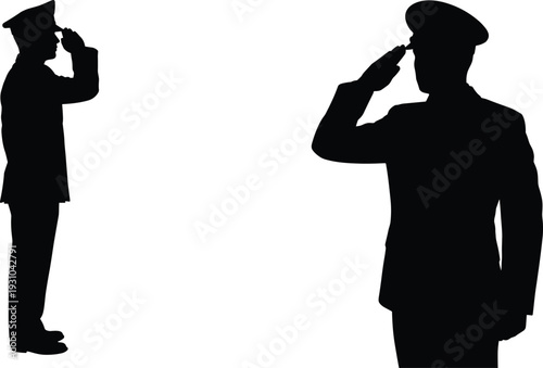 Police officer salute silhouette set, law enforcement uniform man saluting gesture, security service vector illustration isolated on white