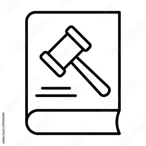 Outline vector icon of a law book with a judge's gavel, symbolizing justice, legal proceedings, regulations, court, and education in a minimalist design.