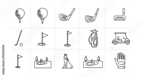Collection of Golf Equipment and Icons Hand Drawn Sketch Style.