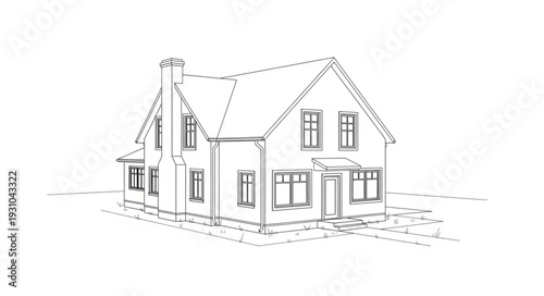 Architectural sketch of a detached residential house with chimney.