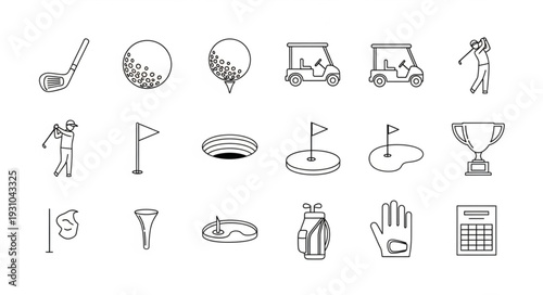 Collection of golf icons and symbols in sketch style.