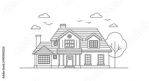 Detailed architectural drawing of a suburban house exterior.