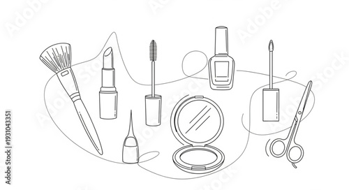 Collection of cosmetic products and makeup tools illustration.