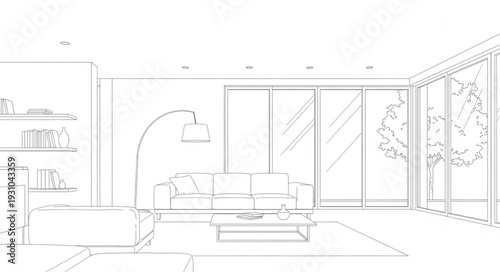 Modern living room interior design sketch with large windows.