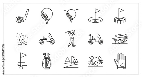Collection of golf icons and illustrations for sports and leisure.