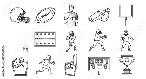 American Football Sports Equipment and Players Illustration Set.