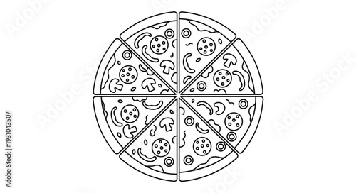 Delicious Pepperoni Mushroom Pizza Slices Outline.