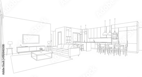 Interior design sketch of a modern living room and dining area.