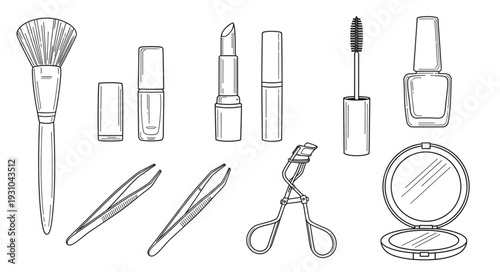 Collection of cosmetic makeup products and tools sketch.