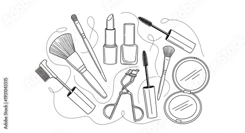 Collection of beauty makeup products hand drawn sketch.