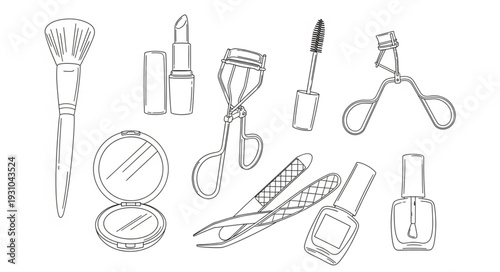 Collection of hand-drawn makeup and beauty tools.