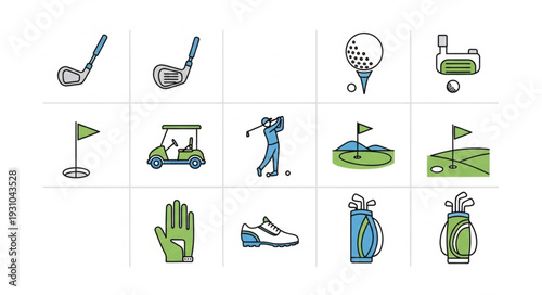 Golf Icons Collection Set Sport Equipment and Player.