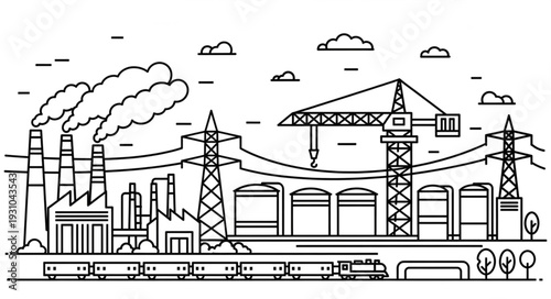 Industrial cityscape with factories and trains.