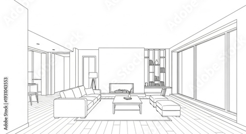Modern Living Room Interior Design Sketch.