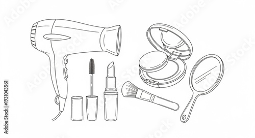 Collection of beauty and hair care products in sketch style.