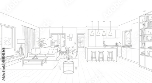 Interior Design Sketch of a Modern Living Room and Kitchen.