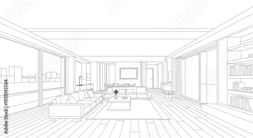 Modern interior design sketch of a spacious living room.