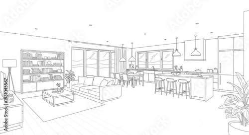 Modern interior design sketch of a spacious living room and kitchen.