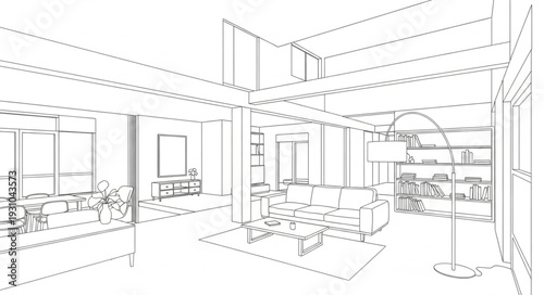 Architectural sketch of a modern interior space with furniture.