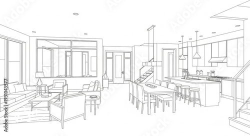 Modern interior design sketch of a spacious living area.