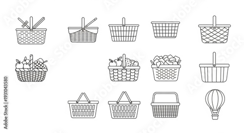 Collection of Hand Drawn Wicker Baskets and Picnic Items.