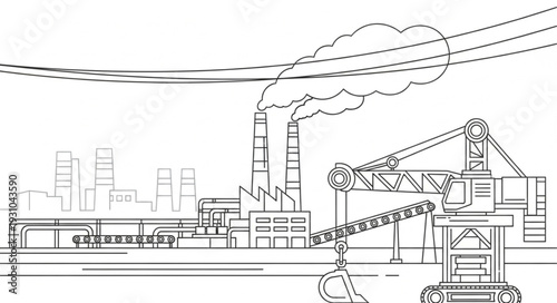 Industrial Factory With Smoke Stacks And Cranes Line Art.