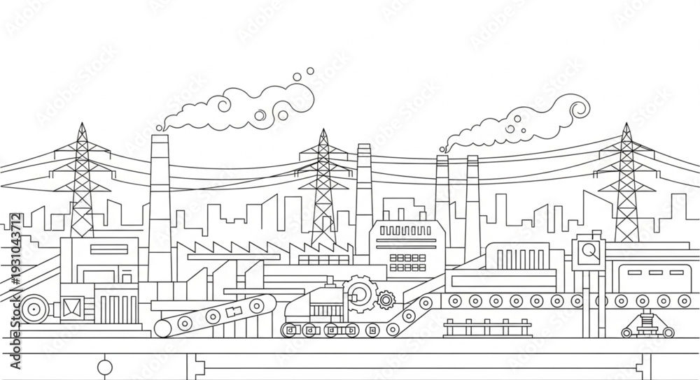 Fototapeta premium Industrial Cityscape Drawing with Factories and Power Lines.