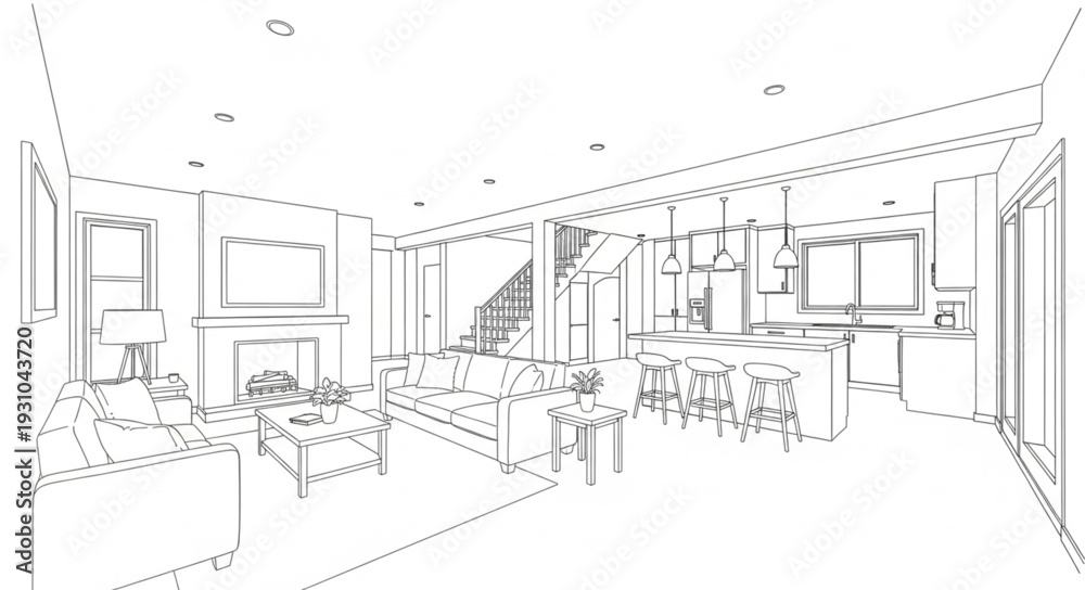Fototapeta premium Modern Interior Design Sketch of a Spacious Living Room.