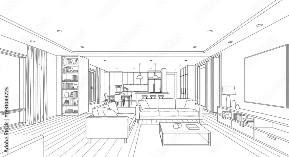 Fototapeta premium Modern open plan living room and kitchen sketch.