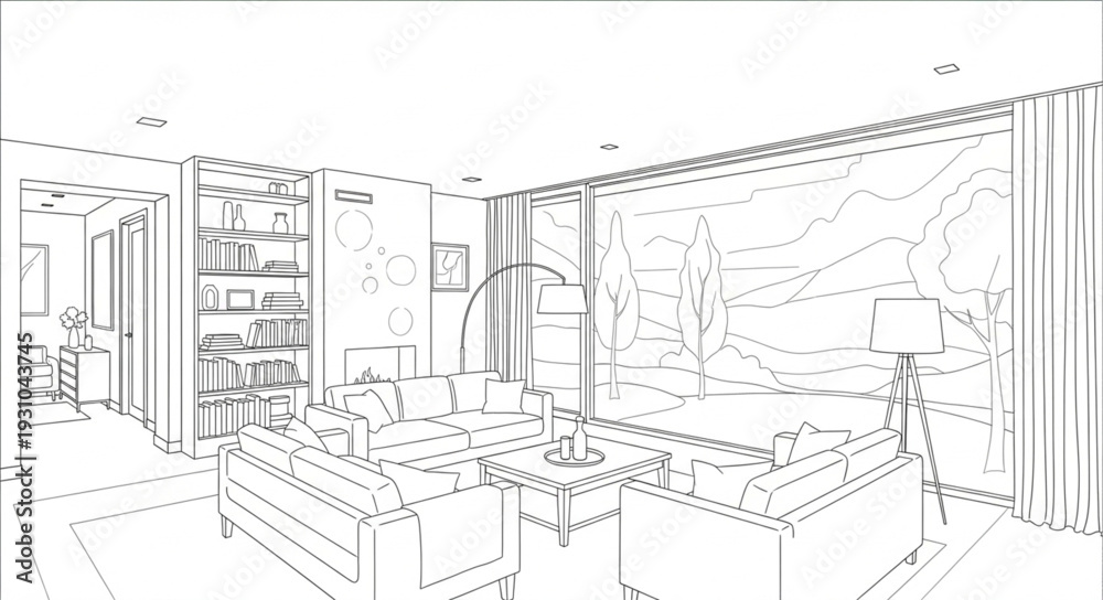 Fototapeta premium Modern Bedroom Interior Design Sketch with Furniture and Decor.