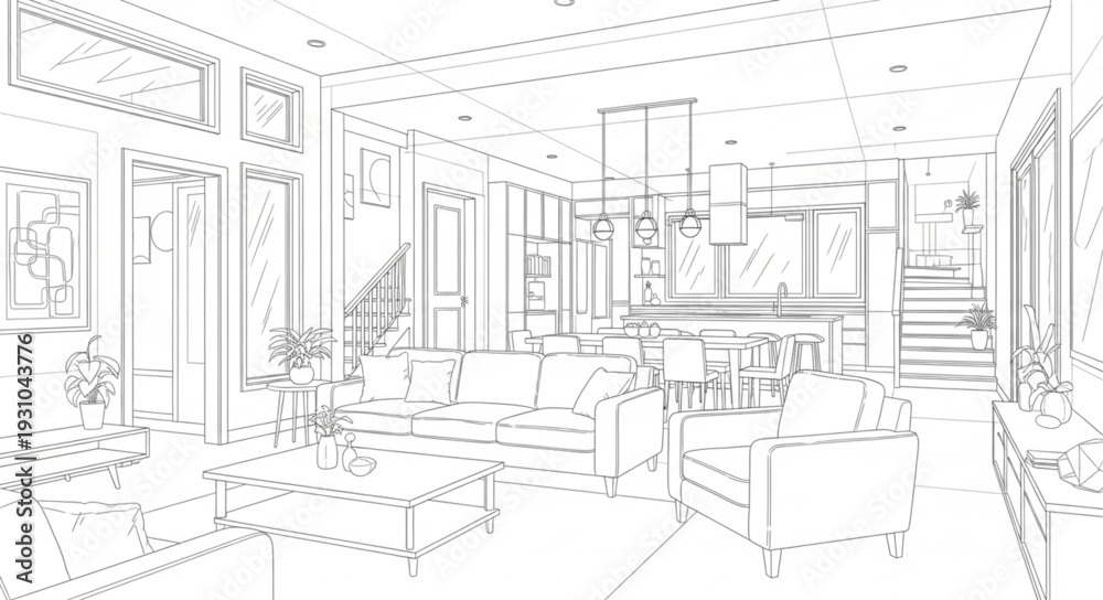 Fototapeta premium Architectural sketch of a modern living room interior design.