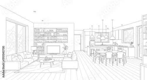 Modern Living Room Interior Design Sketch.