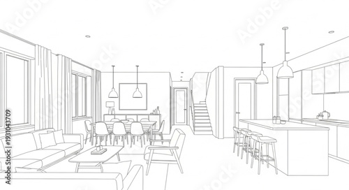 Modern Interior Design Sketch of a Living Room and Kitchen.