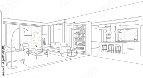 Modern Interior Design Sketch of a Living Room and Bedroom.