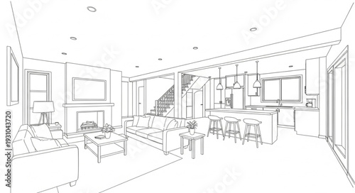 Modern Interior Design Sketch of a Spacious Living Room.