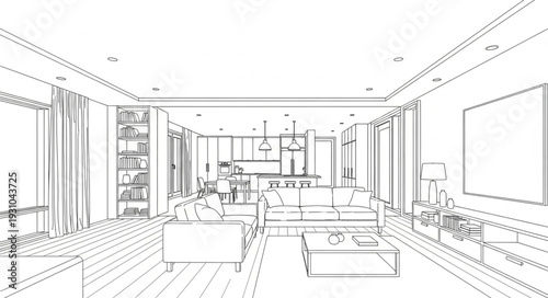 Modern open plan living room and kitchen sketch.