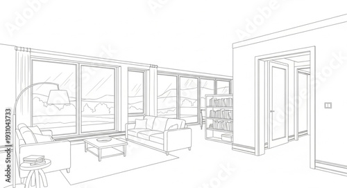 Modern architectural sketch of an empty office interior space.
