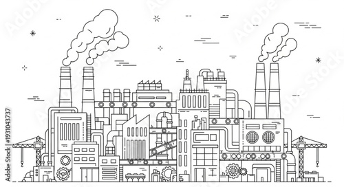 Industrial factory complex with smoke stacks emitting pollution.