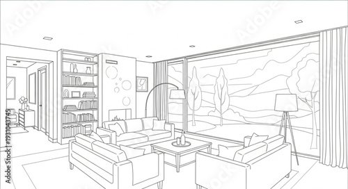 Modern Bedroom Interior Design Sketch with Furniture and Decor.