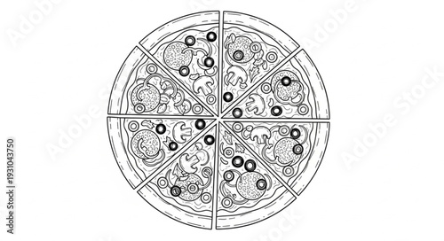 Whole pizza cut into eight slices with toppings and olives.