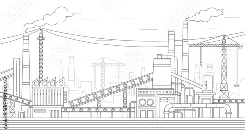 Industrial factory complex with conveyor belts and smokestacks.