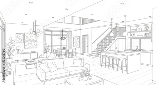 Modern open concept living room and kitchen architectural sketch.