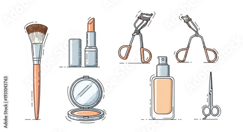 Collection of cosmetic makeup products and tools for beauty.