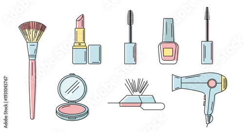 Collection of makeup and beauty products illustrated in a simple line art style.