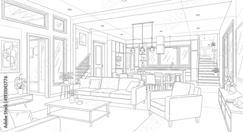 Architectural sketch of a modern living room interior design.