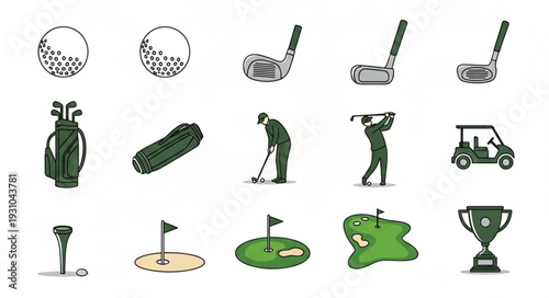 Collection of Golf Equipment and Icons for Sports.