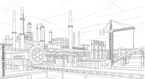 Sketch of a city skyline under construction with cranes.
