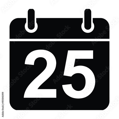 Bold black calendar icon with the number 25, representing a specific date, deadline, appointment, event, or important day in a clean, isolated graphic style.