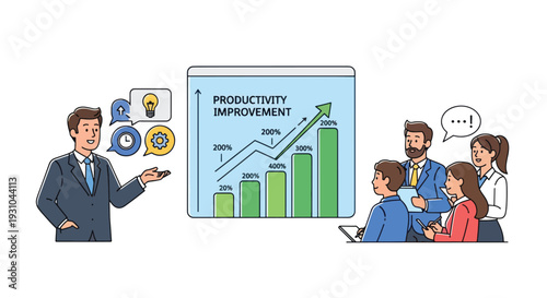 Businessman presenting productivity improvement graph to team.