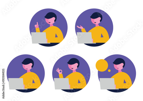 パソコンと左向き男性のアイコンイラストセット（正円）
